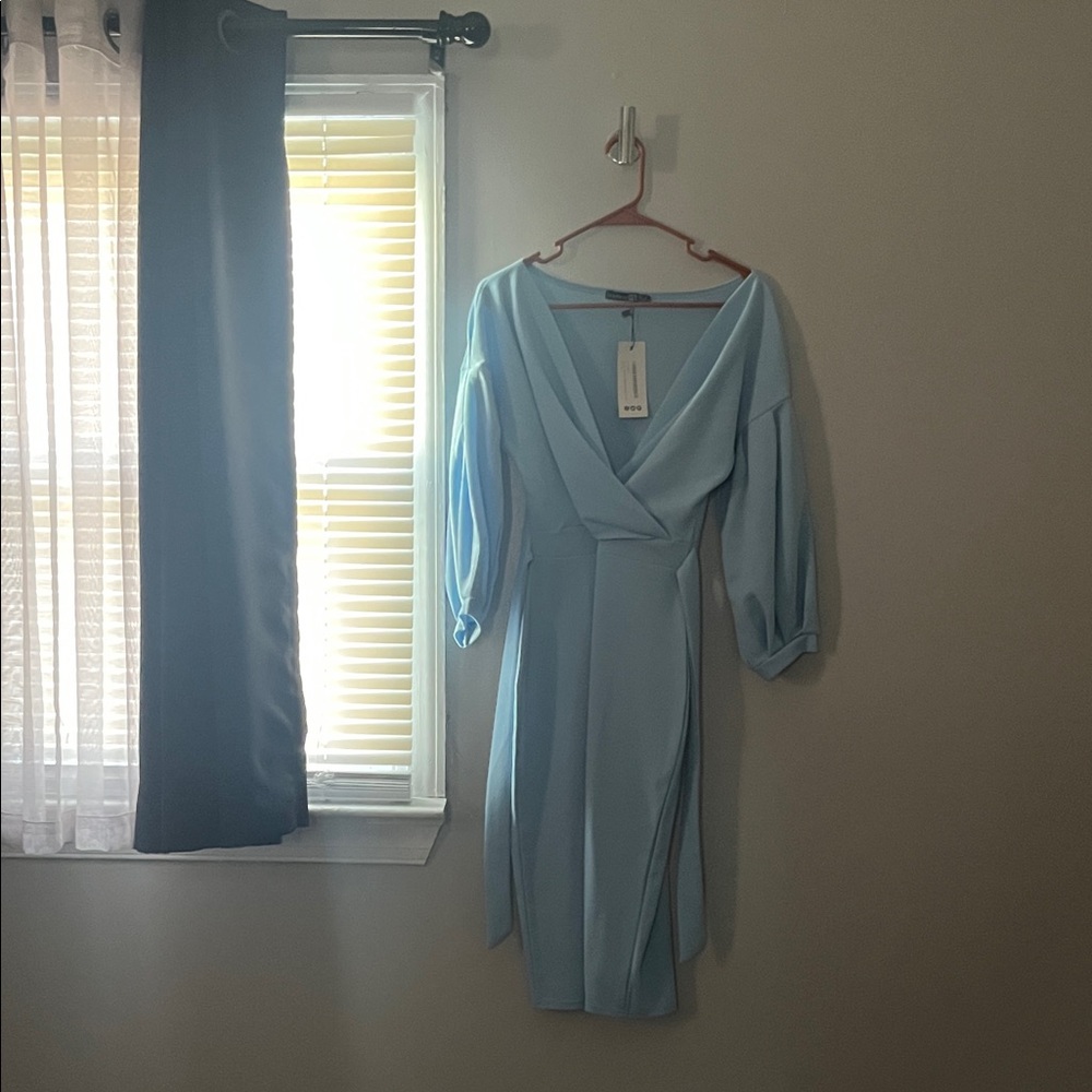 Boohoo Pale Blue Wrap Midi Dress with Puff Sleeves